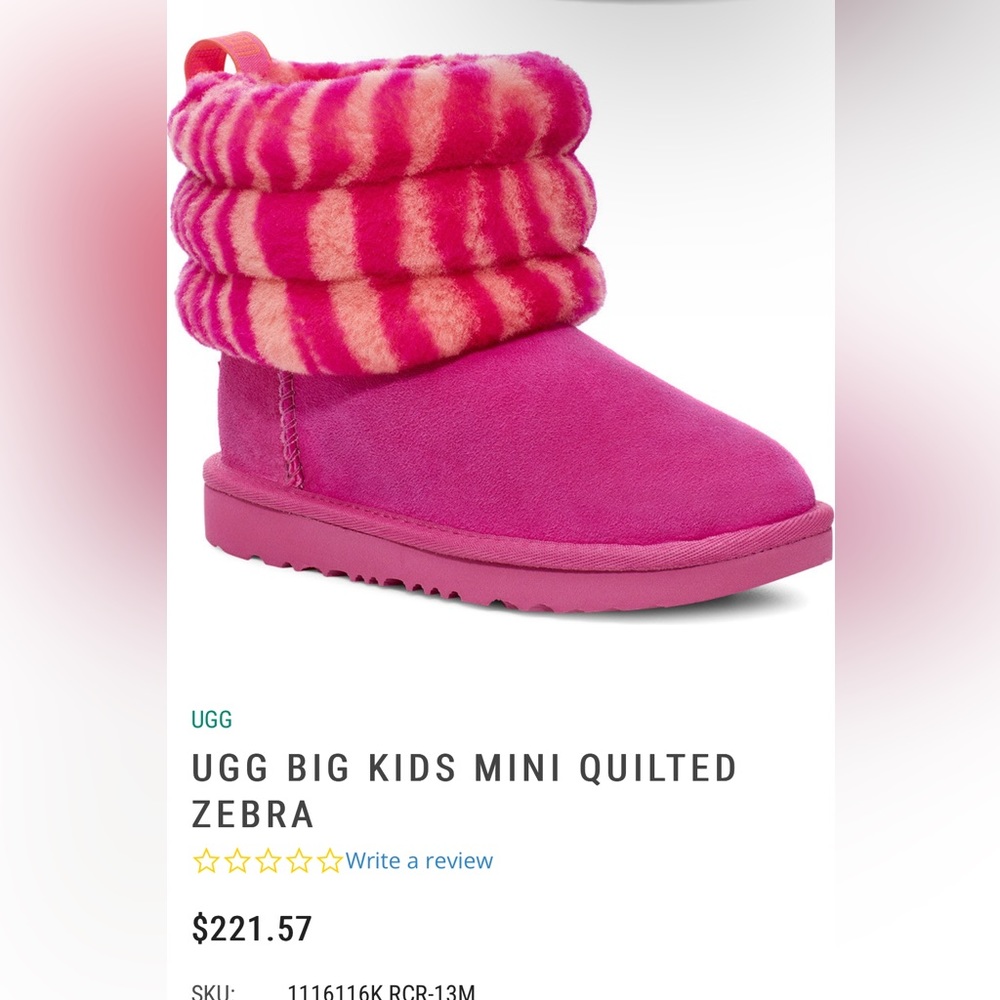 UGG Kids Fluff Mini Quilted Zebra Sheepskin 1116116K size 3